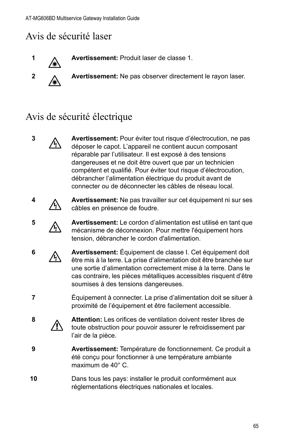 Avis de sécurité laser avis de sécurité électrique | Allied Telesis AT-iMG606BD User Manual | Page 65 / 80