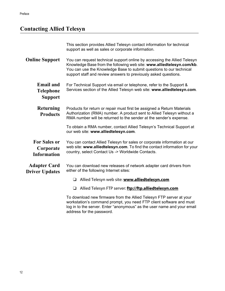 Contacting allied telesyn, Online support, Email and telephone support | Returning products, For sales or corporate information, Adapter card driver updates | Allied Telesis AT-WCU201G User Manual | Page 12 / 72