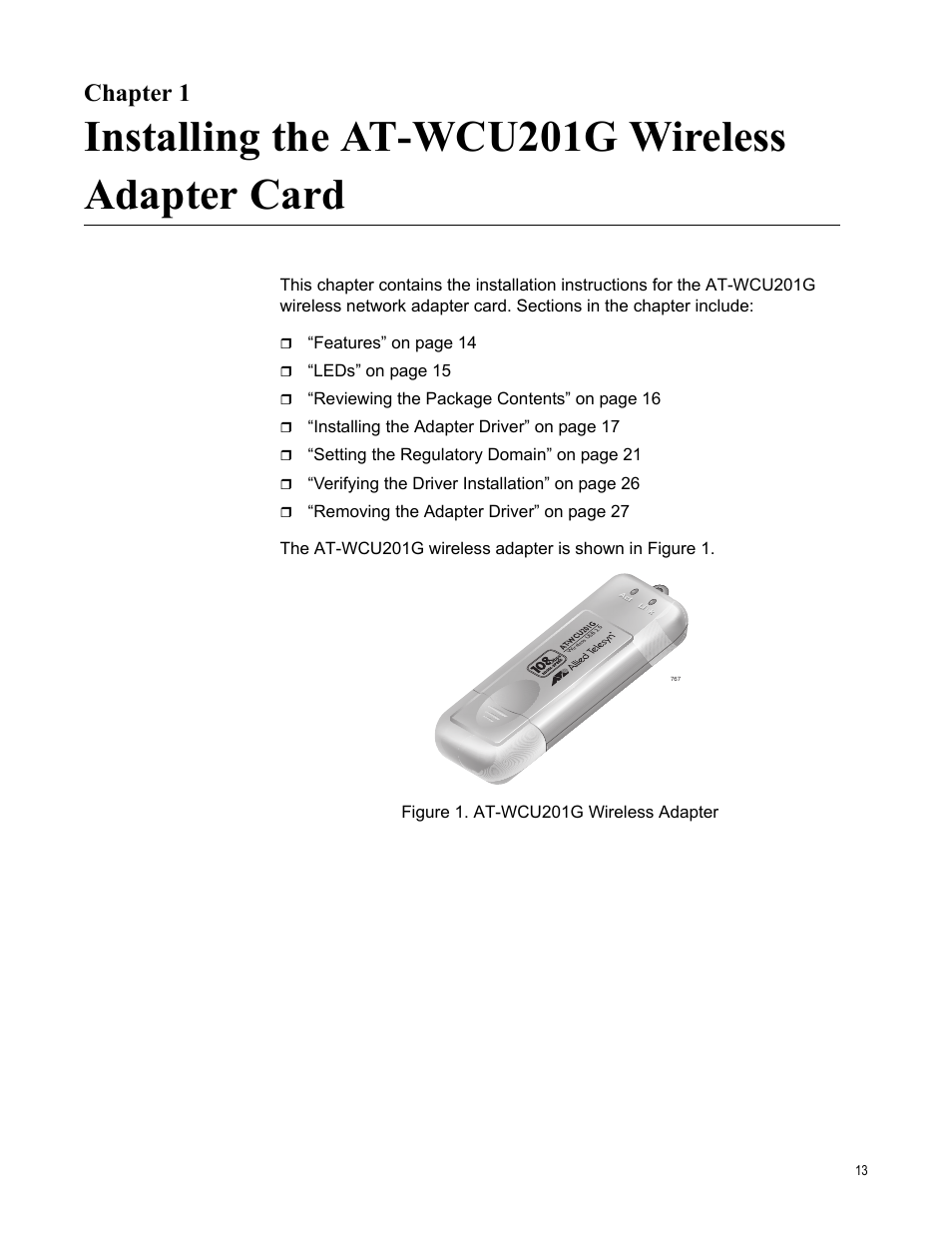 Chapter 1, Installing the at-wcu201g wireless adapter card | Allied Telesis AT-WCU201G User Manual | Page 13 / 72
