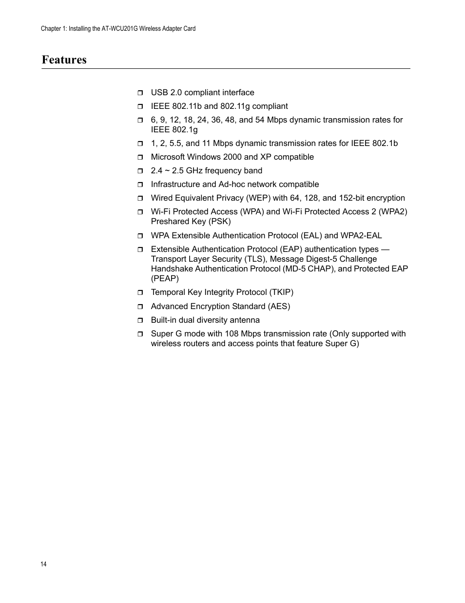 Features | Allied Telesis AT-WCU201G User Manual | Page 14 / 72