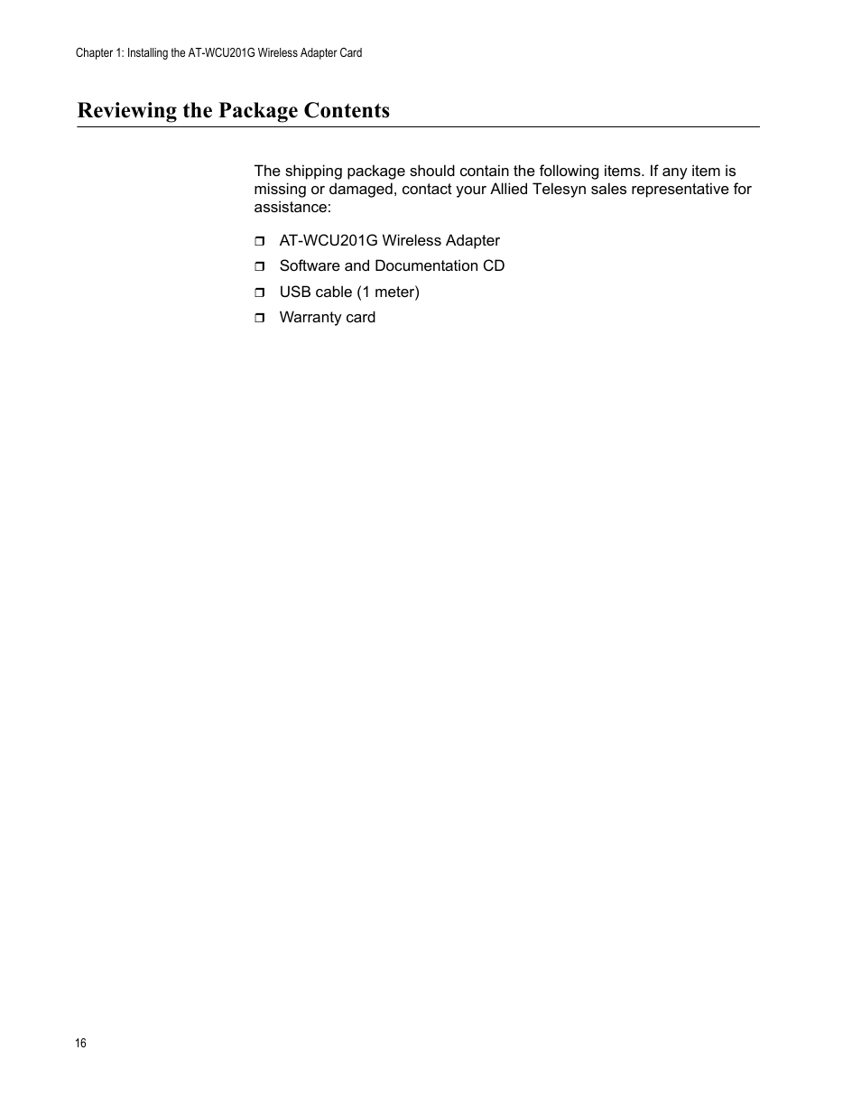 Reviewing the package contents | Allied Telesis AT-WCU201G User Manual | Page 16 / 72