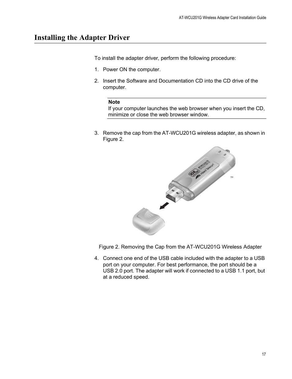 Installing the adapter driver | Allied Telesis AT-WCU201G User Manual | Page 17 / 72