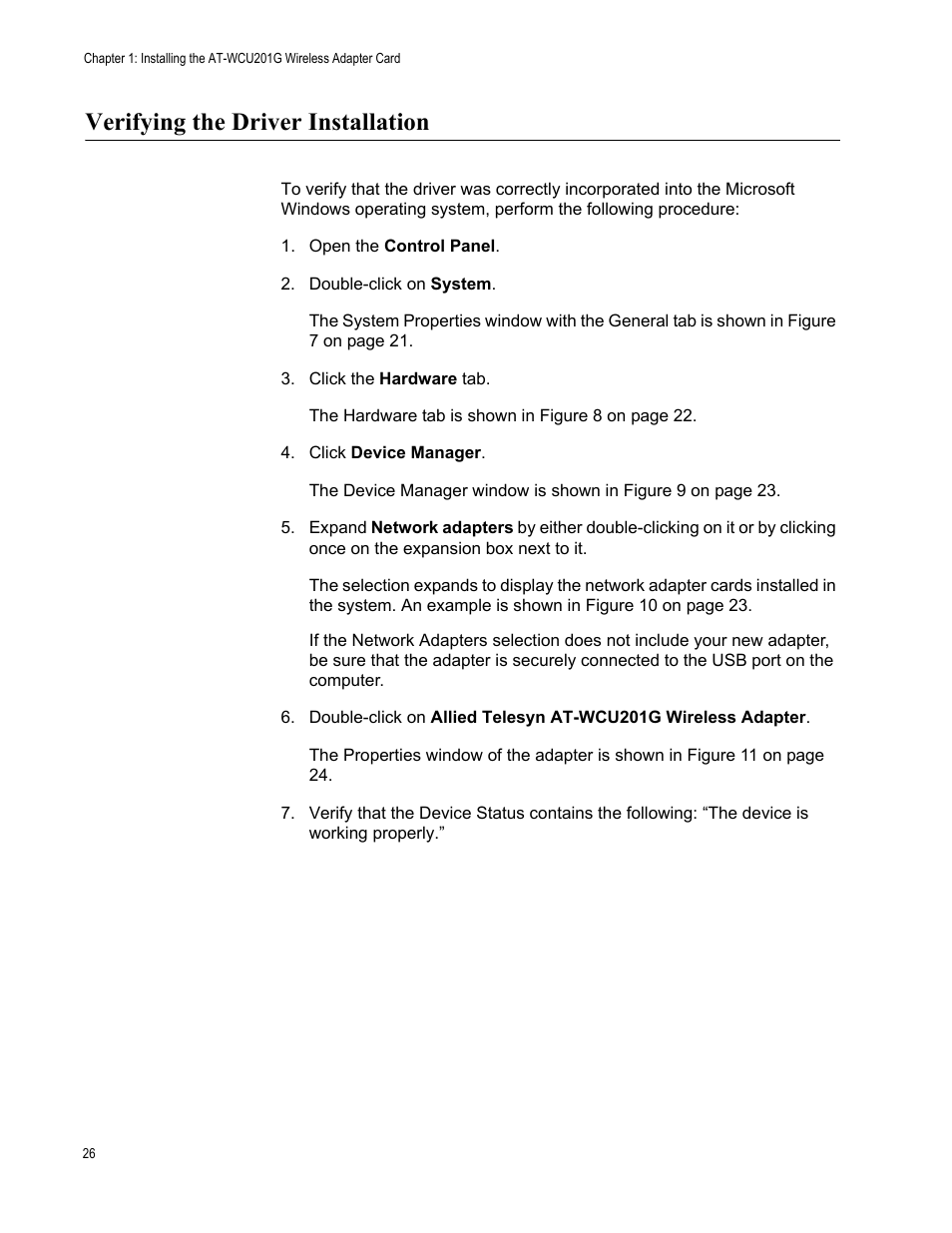 Verifying the driver installation | Allied Telesis AT-WCU201G User Manual | Page 26 / 72