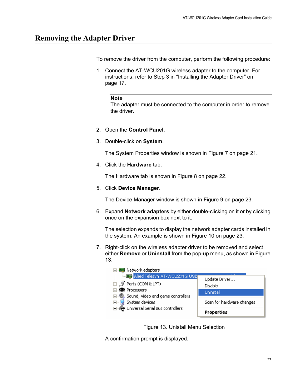 Removing the adapter driver | Allied Telesis AT-WCU201G User Manual | Page 27 / 72