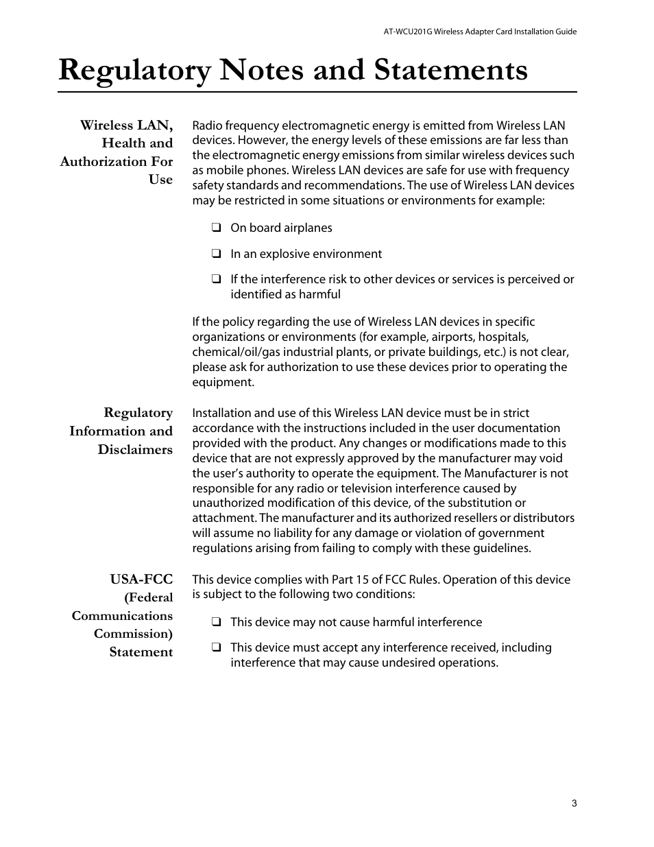Regulatory notes and statements | Allied Telesis AT-WCU201G User Manual | Page 3 / 72