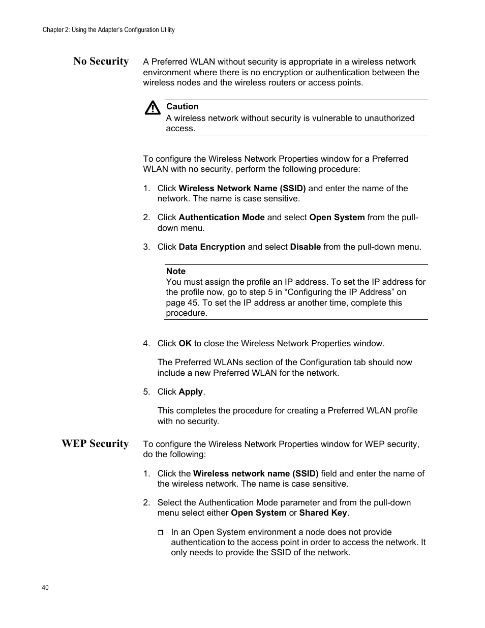 No security, Wep security, No security wep security | Allied Telesis AT-WCU201G User Manual | Page 40 / 72