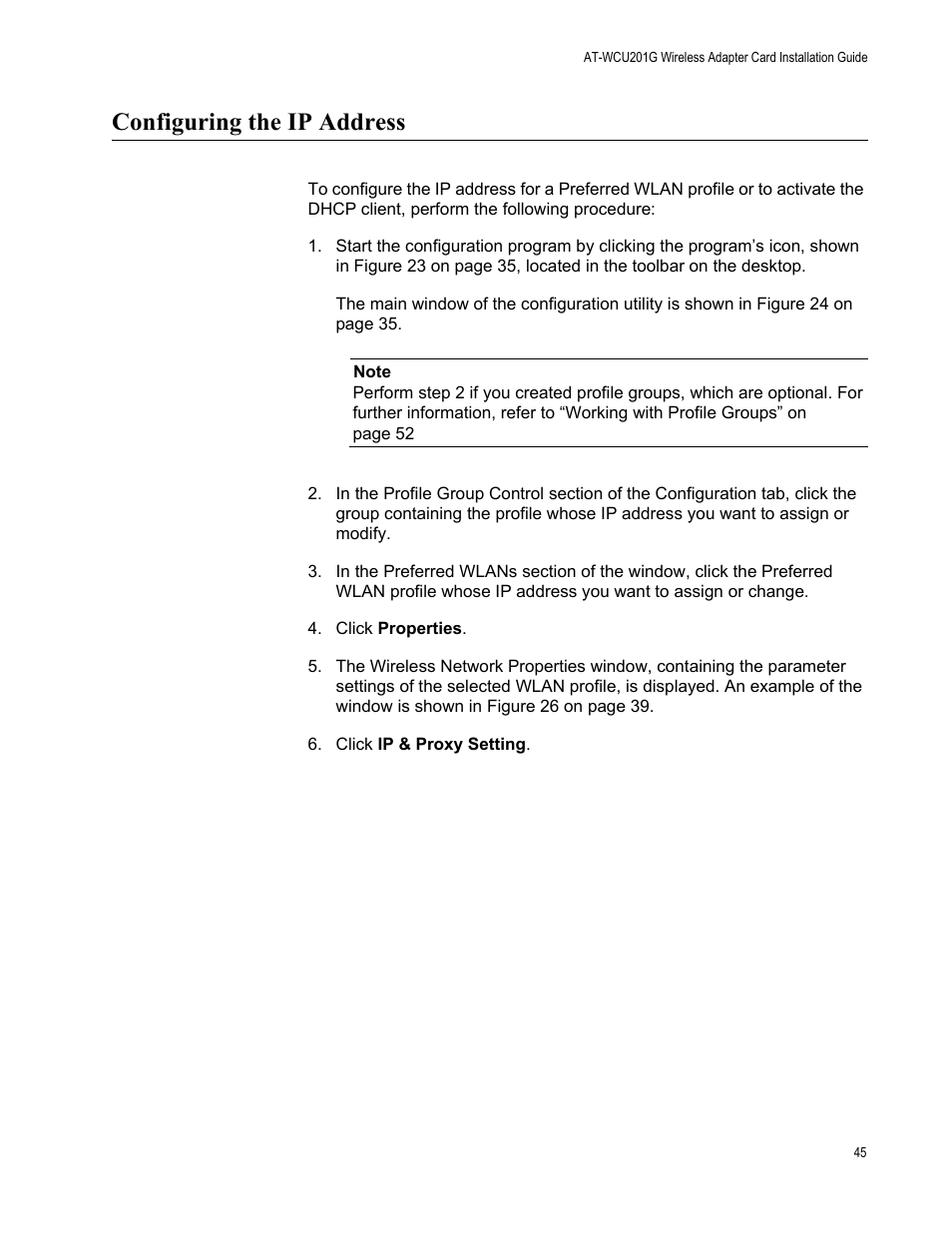 Configuring the ip address | Allied Telesis AT-WCU201G User Manual | Page 45 / 72