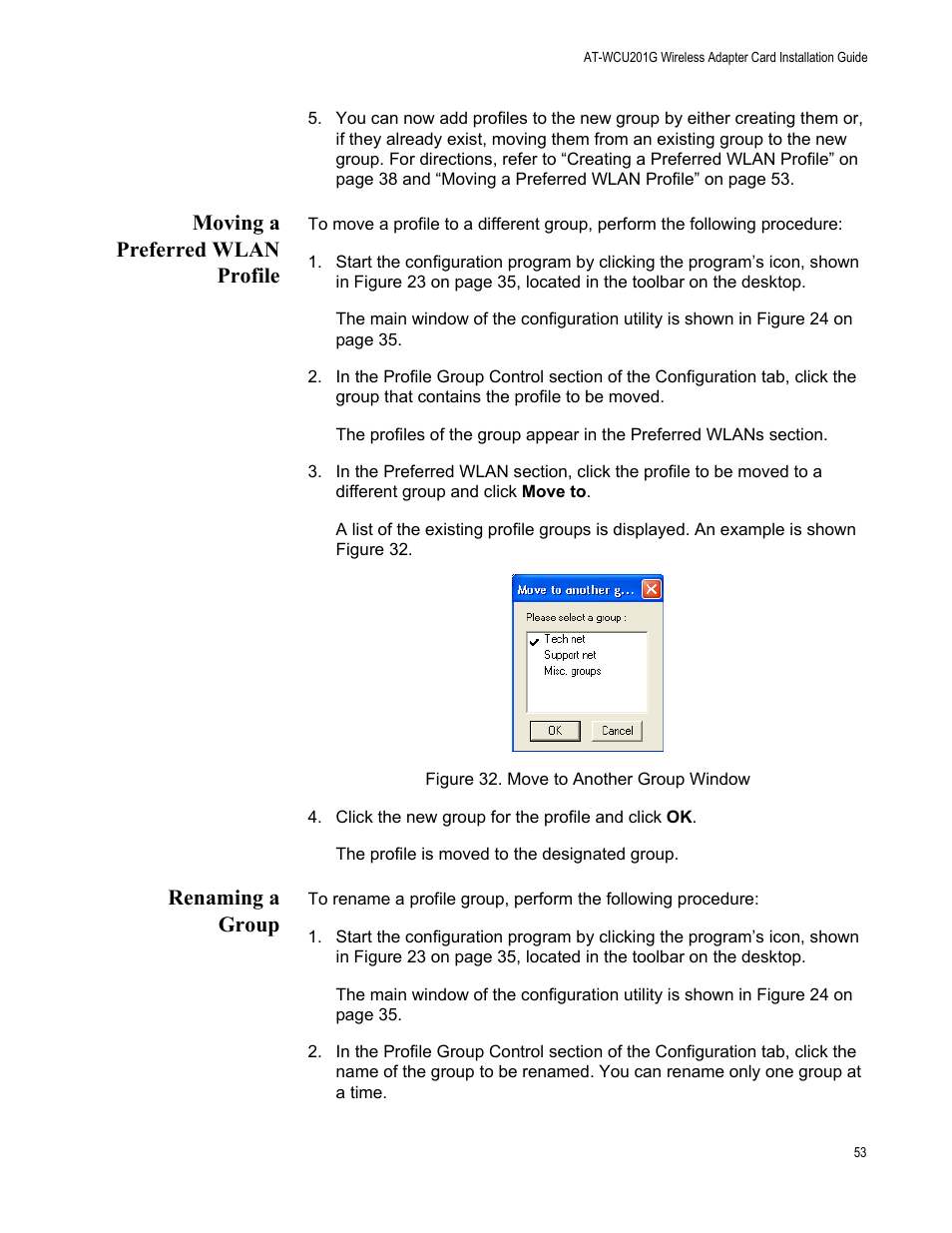 Moving a preferred wlan profile, Renaming a group, Moving a preferred wlan profile renaming a group | Allied Telesis AT-WCU201G User Manual | Page 53 / 72