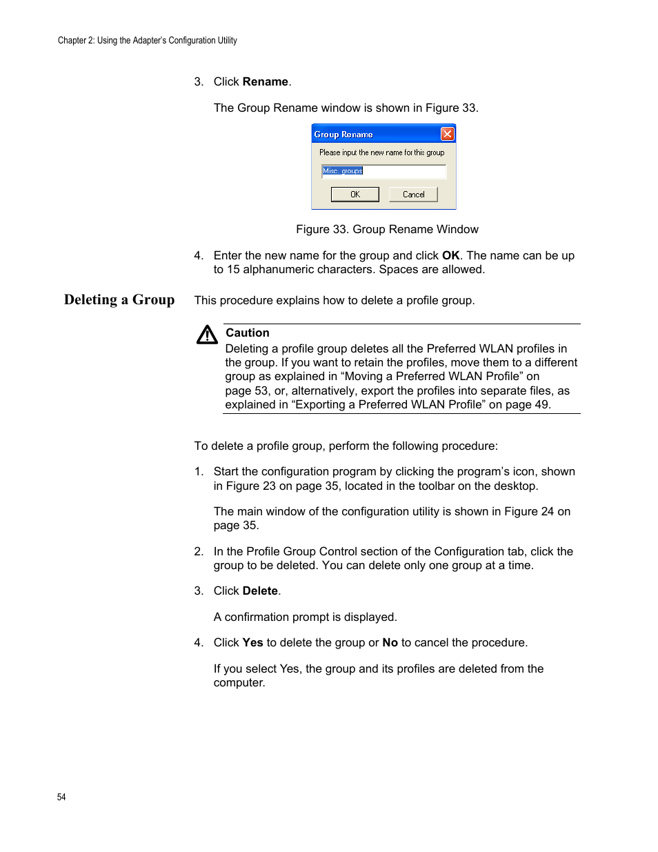 Deleting a group | Allied Telesis AT-WCU201G User Manual | Page 54 / 72