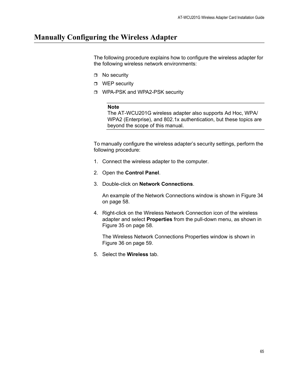Manually configuring the wireless adapter | Allied Telesis AT-WCU201G User Manual | Page 65 / 72