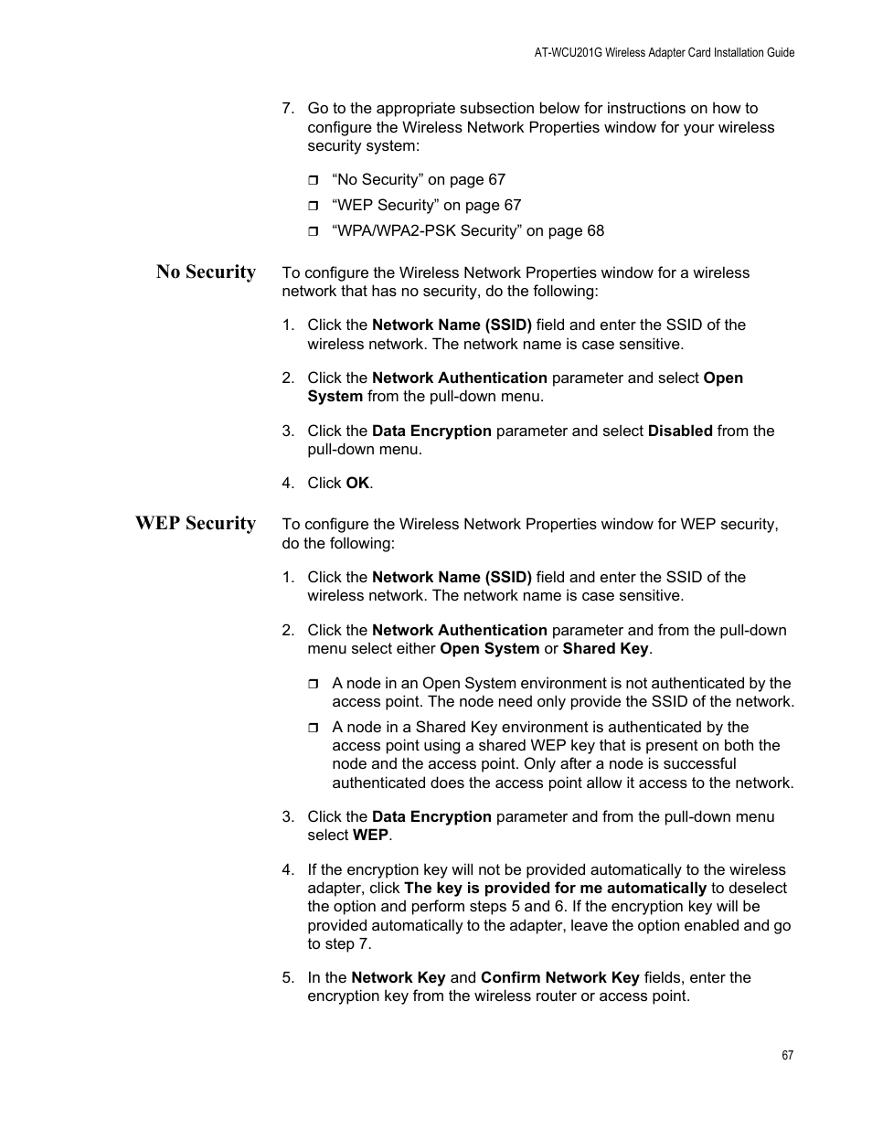 No security, Wep security, No security wep security | Allied Telesis AT-WCU201G User Manual | Page 67 / 72