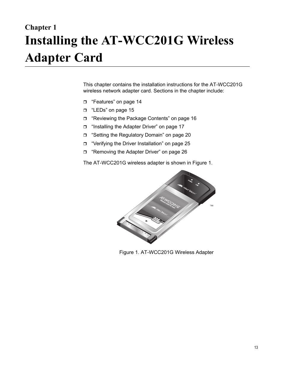 Chapter 1, Installing the at-wcc201g wireless adapter card | Allied Telesis AT-WCC201G User Manual | Page 13 / 72
