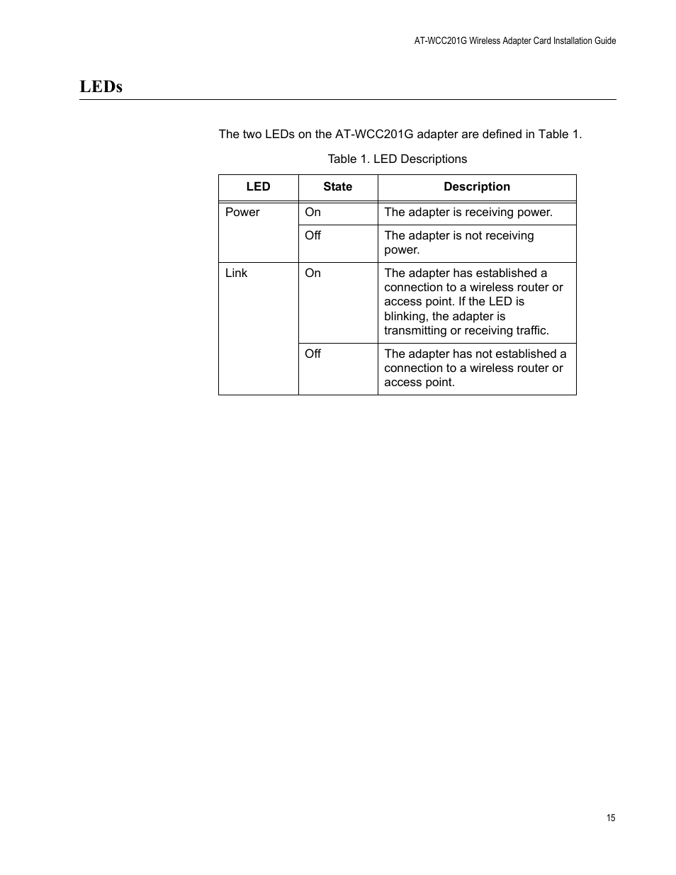 Leds | Allied Telesis AT-WCC201G User Manual | Page 15 / 72
