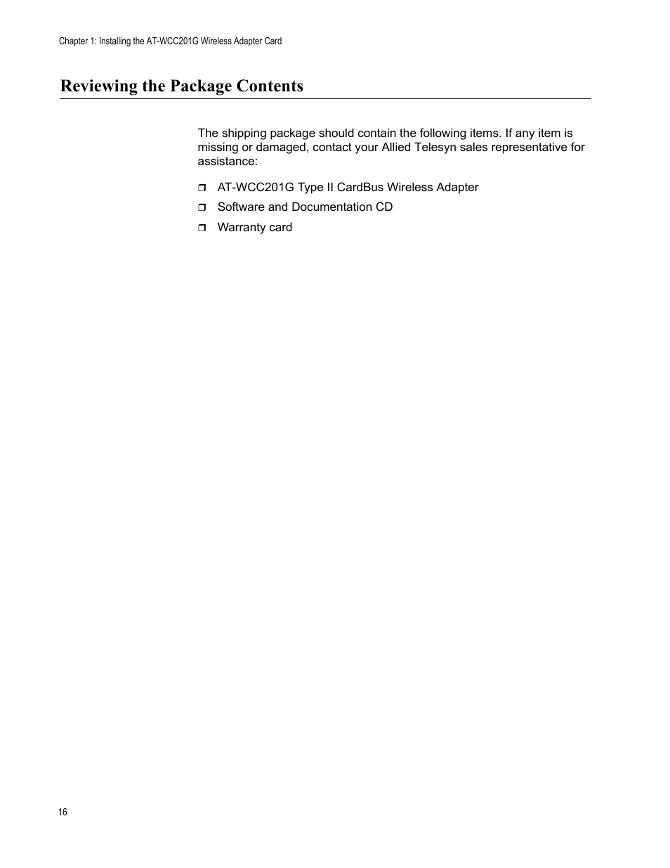 Reviewing the package contents | Allied Telesis AT-WCC201G User Manual | Page 16 / 72