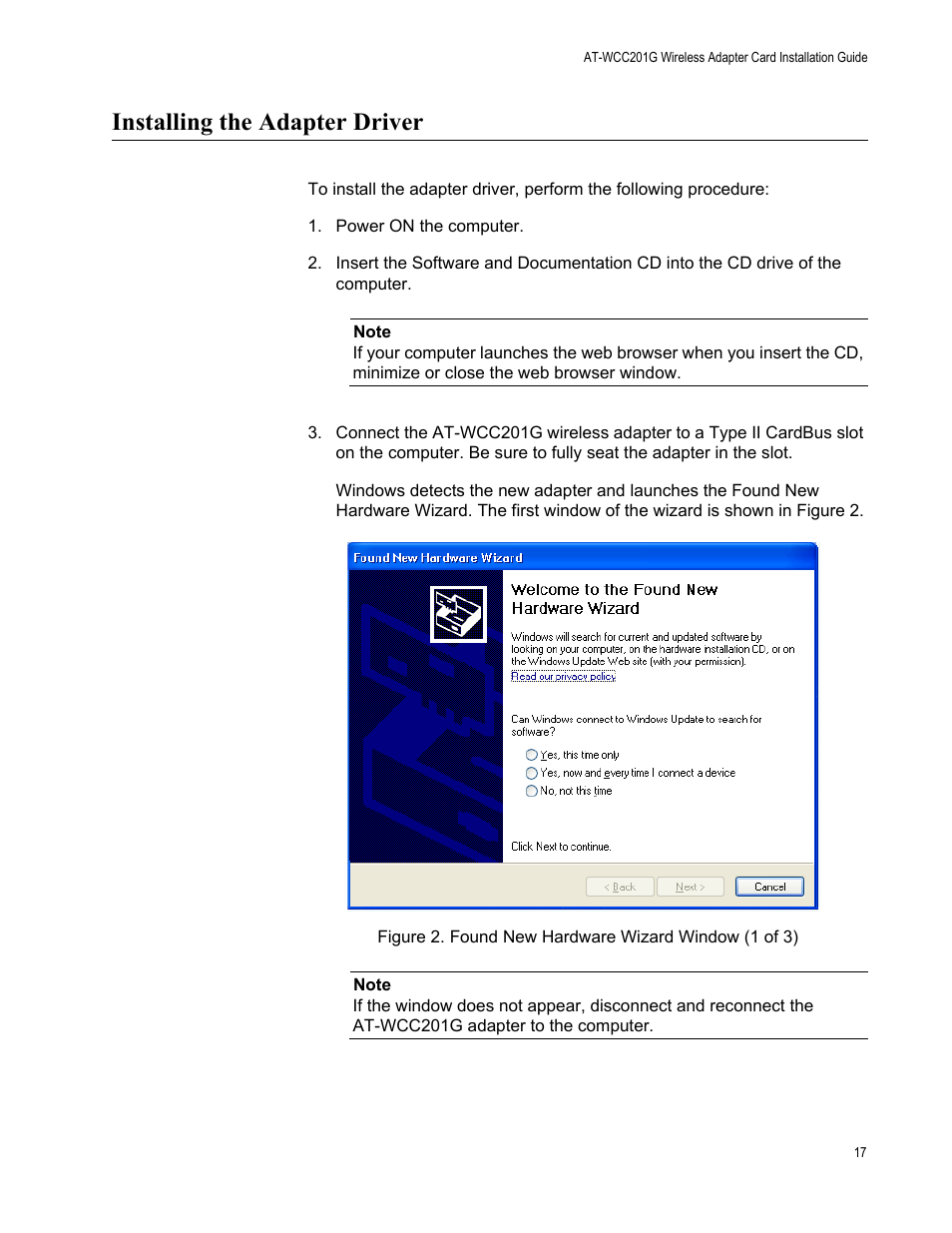 Installing the adapter driver | Allied Telesis AT-WCC201G User Manual | Page 17 / 72