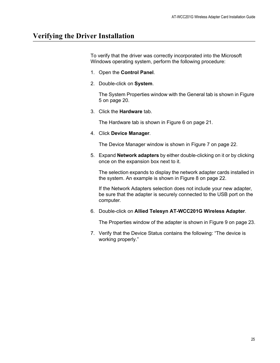 Verifying the driver installation | Allied Telesis AT-WCC201G User Manual | Page 25 / 72