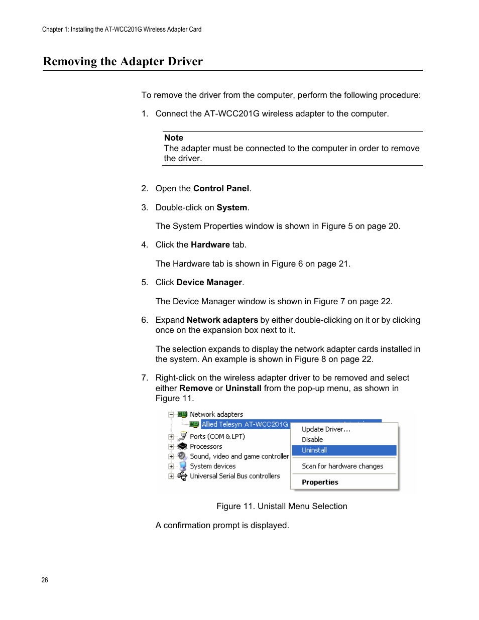 Removing the adapter driver | Allied Telesis AT-WCC201G User Manual | Page 26 / 72