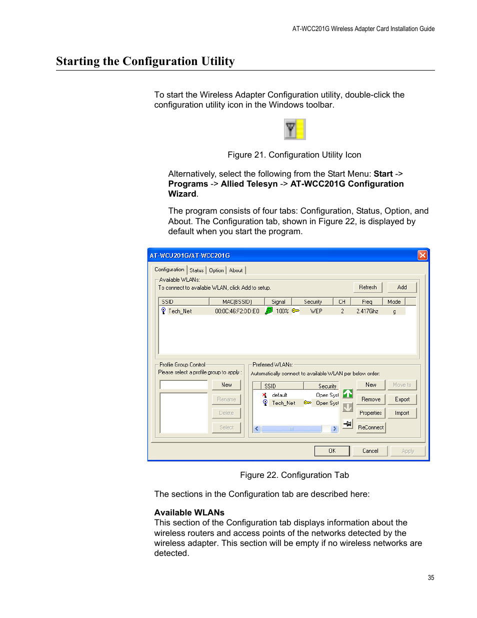 Starting the configuration utility | Allied Telesis AT-WCC201G User Manual | Page 35 / 72