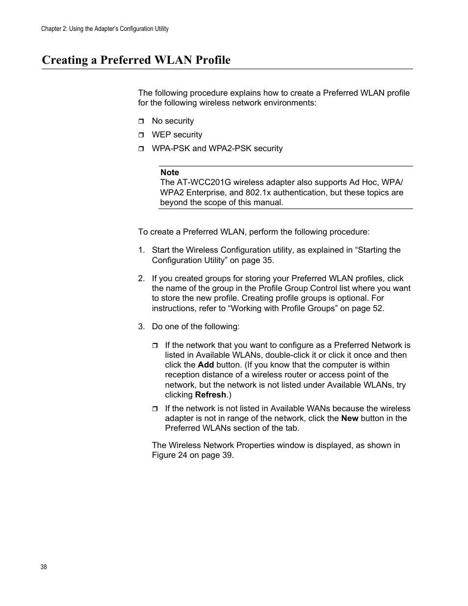 Creating a preferred wlan profile | Allied Telesis AT-WCC201G User Manual | Page 38 / 72