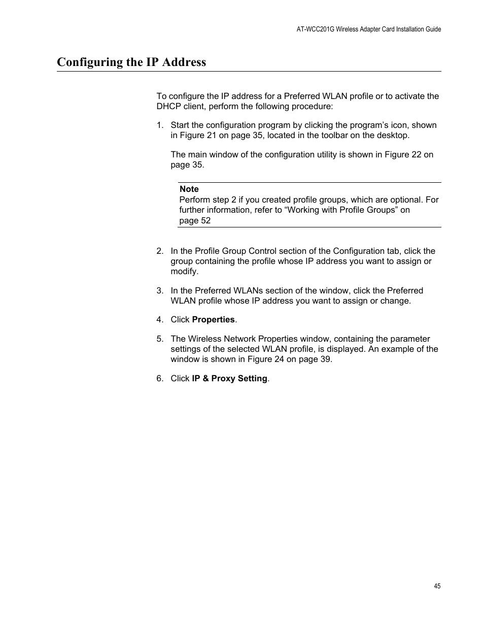 Configuring the ip address | Allied Telesis AT-WCC201G User Manual | Page 45 / 72