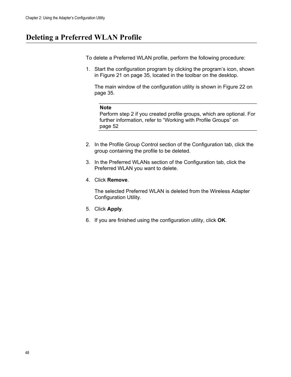 Deleting a preferred wlan profile | Allied Telesis AT-WCC201G User Manual | Page 48 / 72