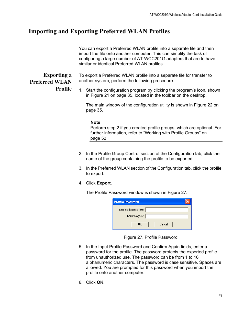 Importing and exporting preferred wlan profiles, Exporting a preferred wlan profile | Allied Telesis AT-WCC201G User Manual | Page 49 / 72