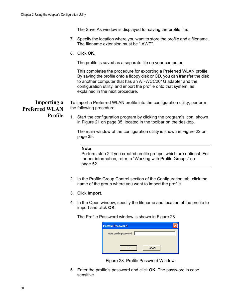 Importing a preferred wlan profile | Allied Telesis AT-WCC201G User Manual | Page 50 / 72