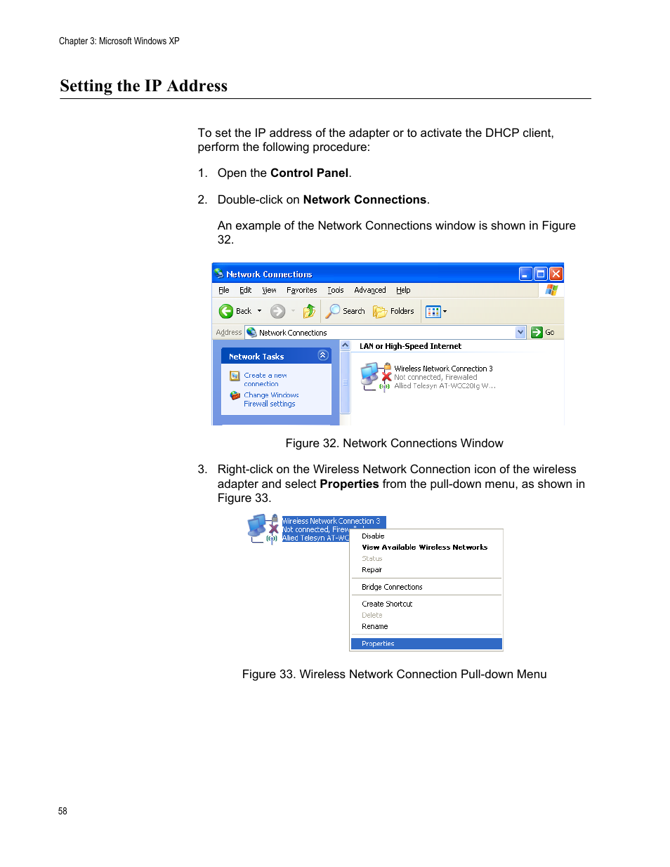 Setting the ip address | Allied Telesis AT-WCC201G User Manual | Page 58 / 72
