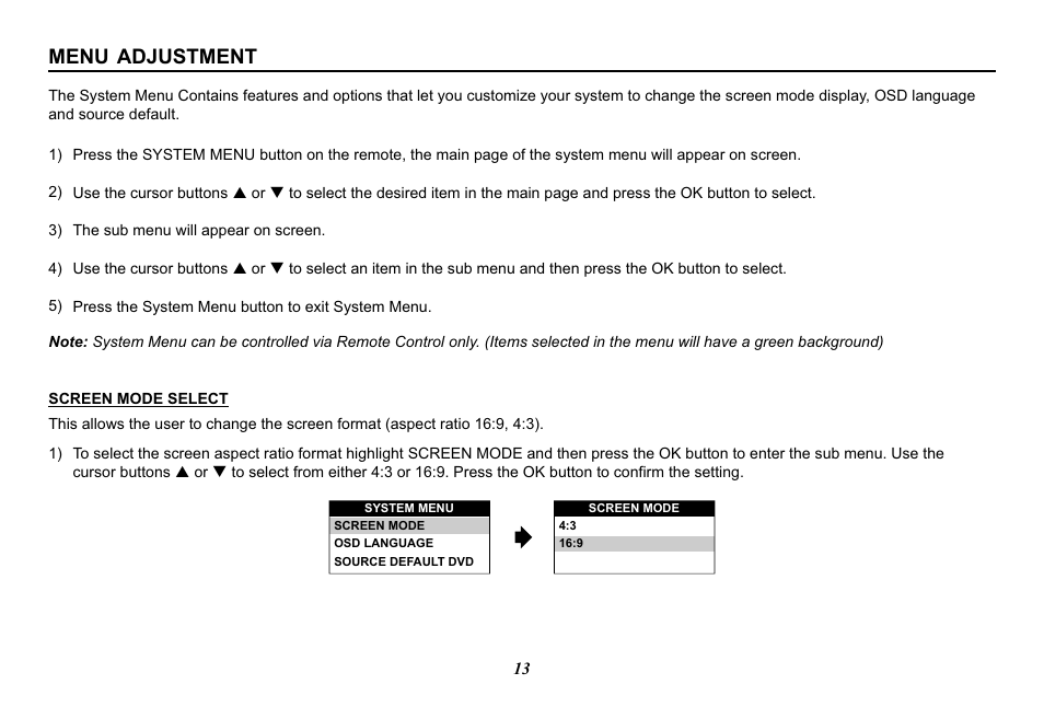 Menu adjustment | Audiovox Mobile Video VOD128A User Manual | Page 13 / 36