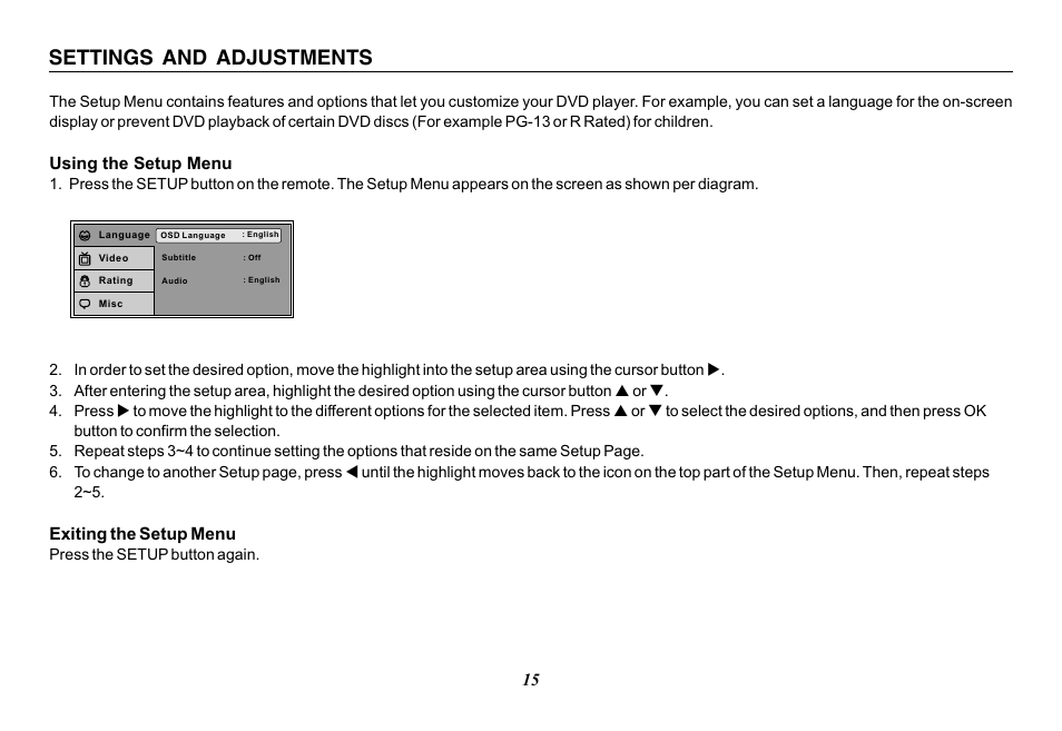 Settings and adjustments, Using the setup menu, Exiting the setup menu | Audiovox Mobile Video VOD128A User Manual | Page 15 / 36