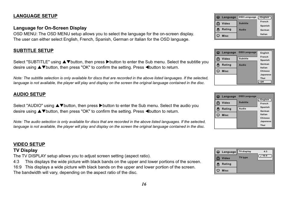 Language setup language for on-screen display, Subtitle setup, Audio setup | Video setup tv display | Audiovox Mobile Video VOD128A User Manual | Page 16 / 36