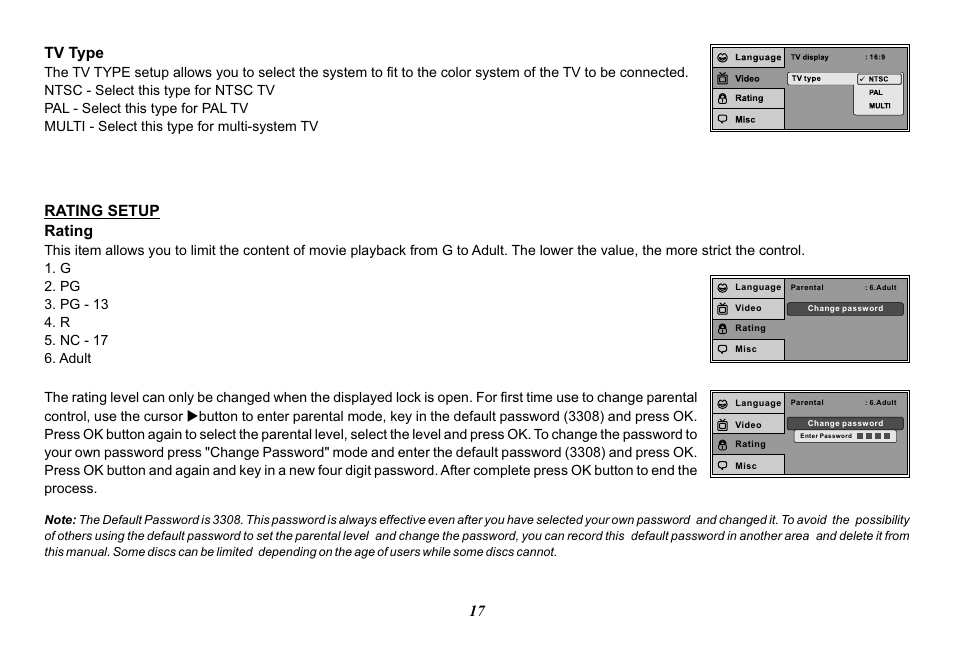 Rating setup rating, Tv type | Audiovox Mobile Video VOD128A User Manual | Page 17 / 36