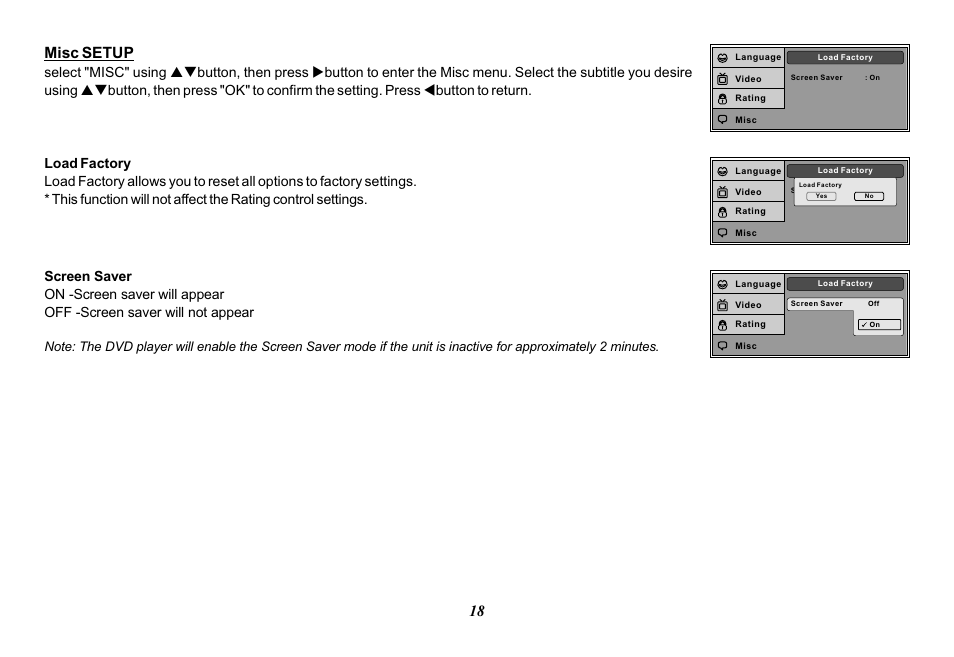 Misc setup | Audiovox Mobile Video VOD128A User Manual | Page 18 / 36