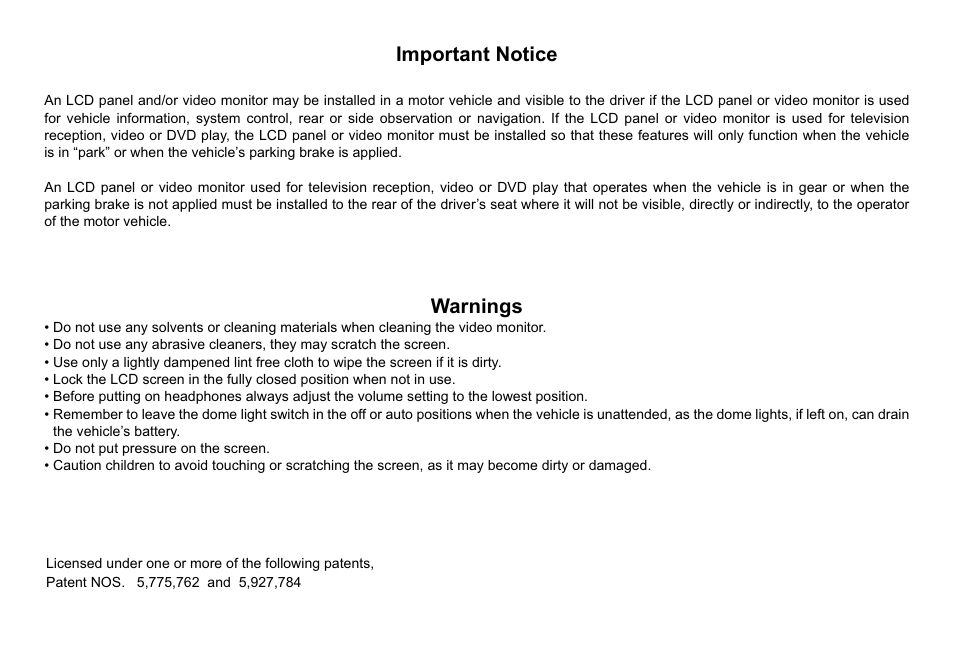 Important notice, Warnings | Audiovox Mobile Video VOD128A User Manual | Page 2 / 36