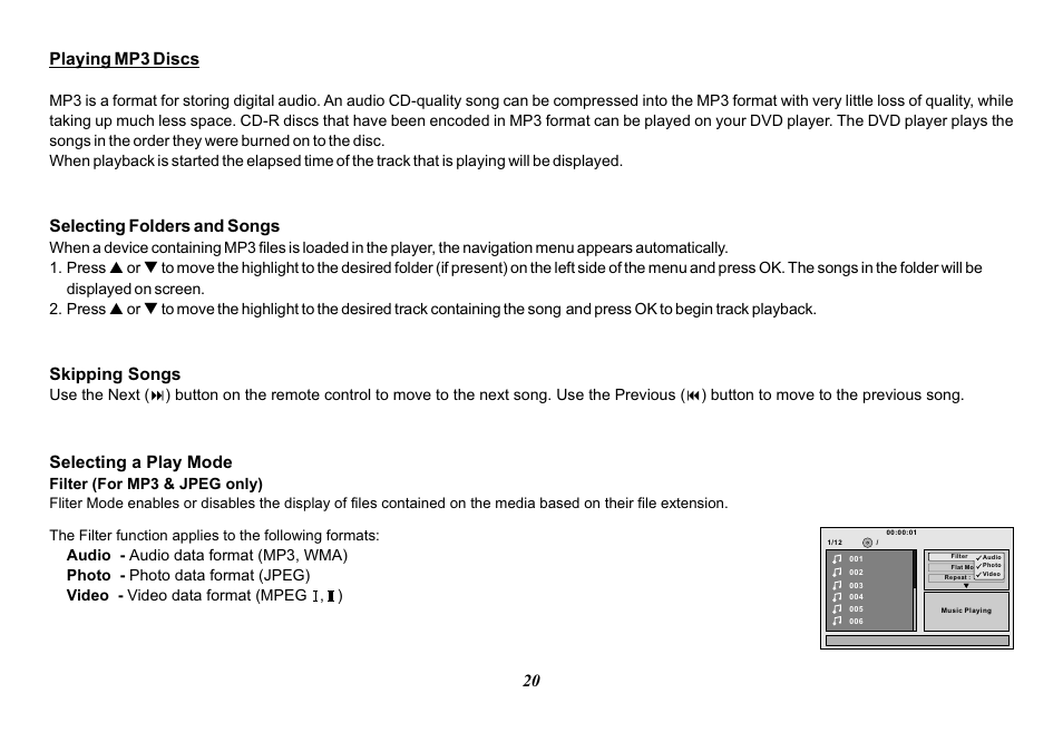20 playing mp3 discs, Selecting folders and songs, Skipping songs | Selecting a play mode, Filter (for mp3 & jpeg only) | Audiovox Mobile Video VOD128A User Manual | Page 20 / 36