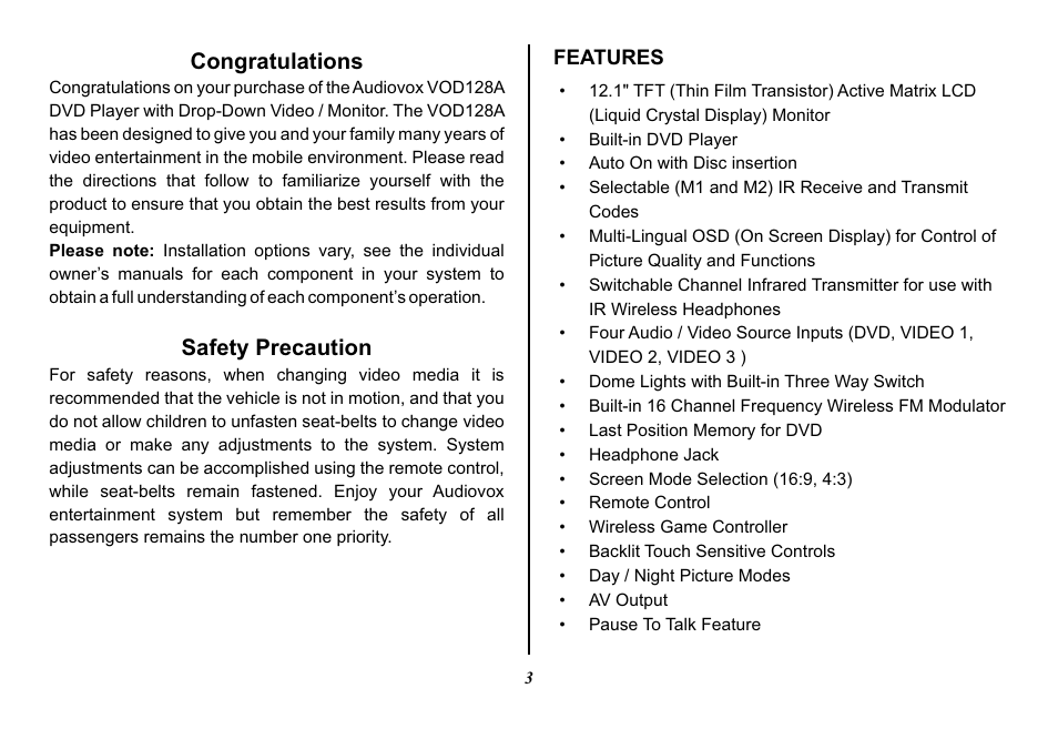 Safety precaution | Audiovox Mobile Video VOD128A User Manual | Page 3 / 36