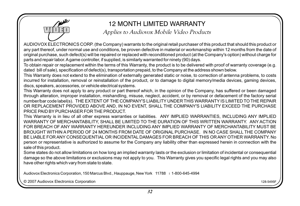 Audiovox Mobile Video VOD128A User Manual | Page 32 / 36