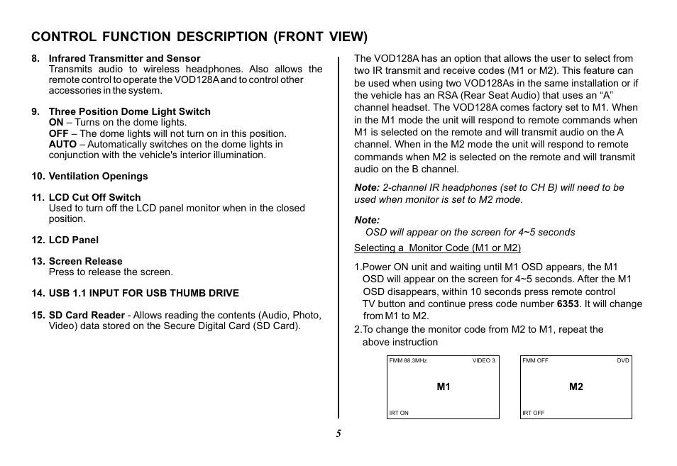 Control function description (front view) | Audiovox Mobile Video VOD128A User Manual | Page 5 / 36