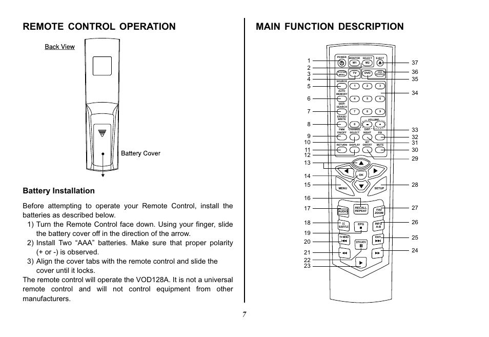 Remote control operation main function description, Battery installation | Audiovox Mobile Video VOD128A User Manual | Page 7 / 36