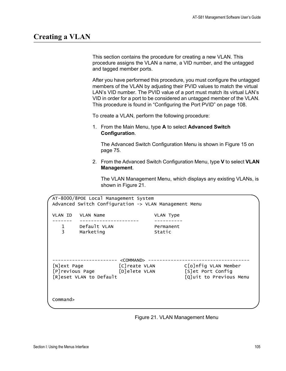 Creating a vlan | Allied Telesis AT-S81 User Manual | Page 105 / 314
