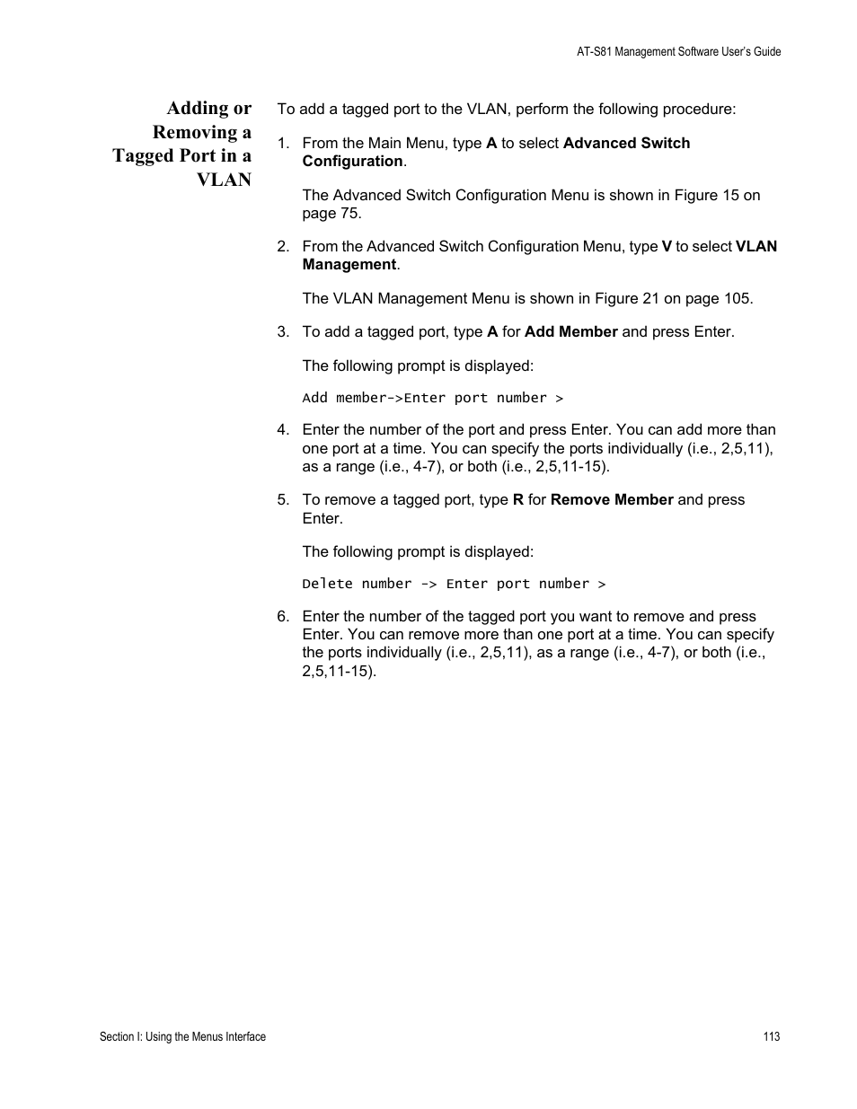 Adding or removing a tagged port in a vlan | Allied Telesis AT-S81 User Manual | Page 113 / 314