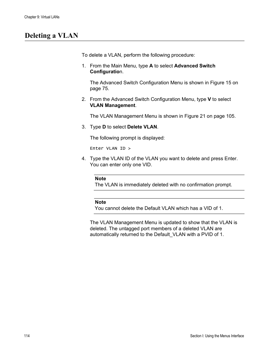 Deleting a vlan | Allied Telesis AT-S81 User Manual | Page 114 / 314