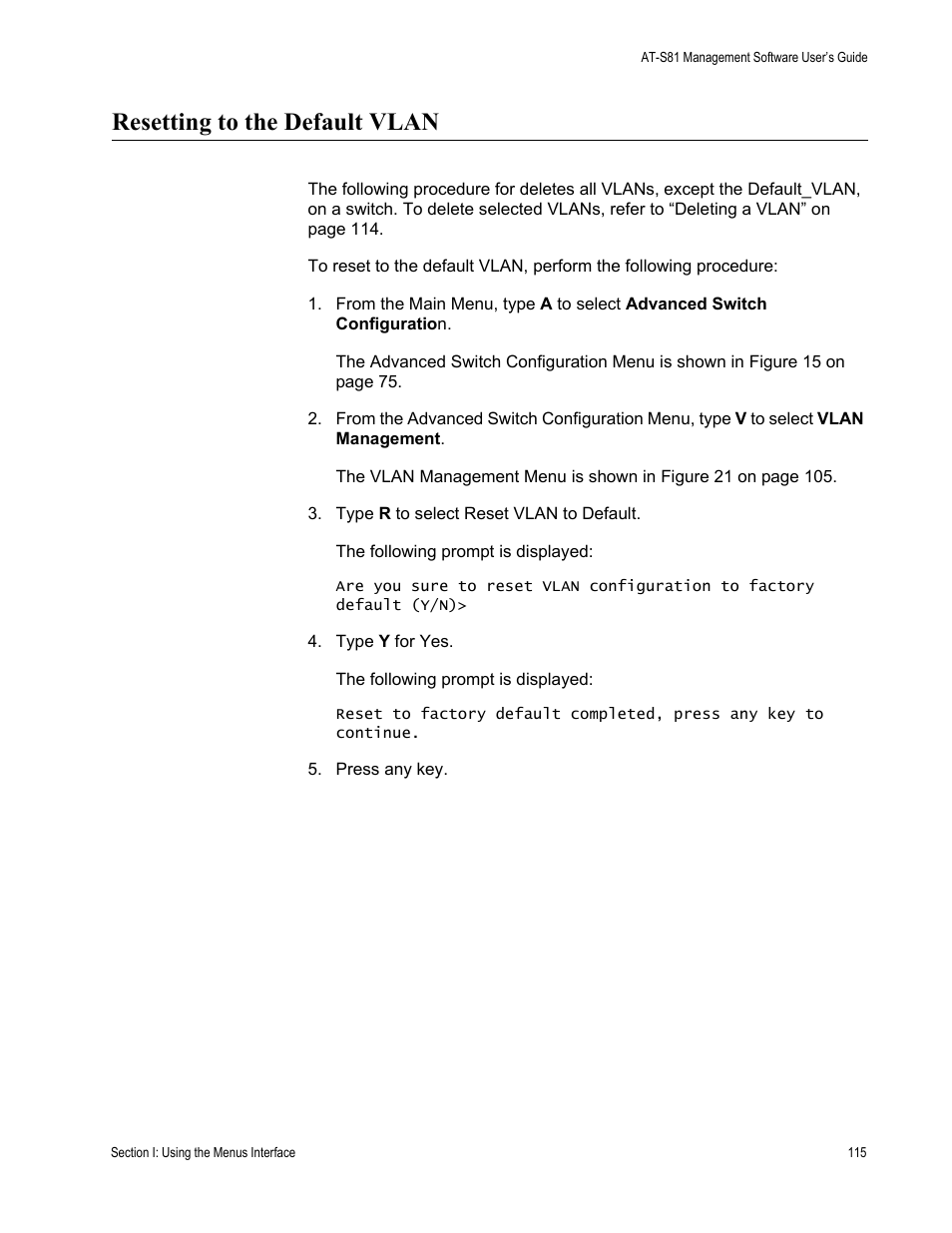 Resetting to the default vlan | Allied Telesis AT-S81 User Manual | Page 115 / 314