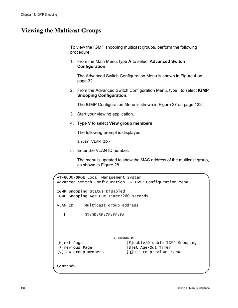 Viewing the multicast groups | Allied Telesis AT-S81 User Manual | Page 134 / 314