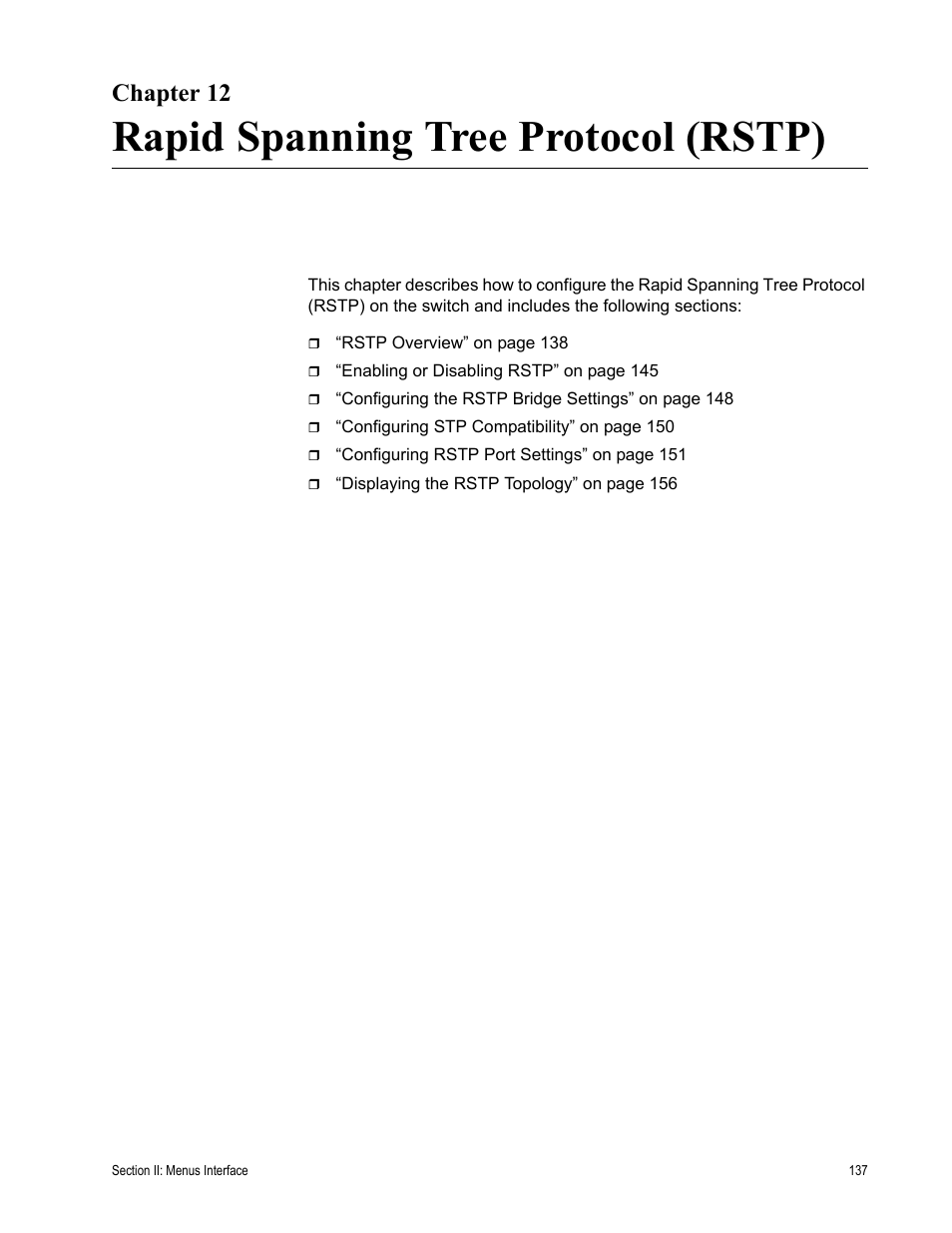 Chapter 12, Rapid spanning tree protocol (rstp) | Allied Telesis AT-S81 User Manual | Page 137 / 314