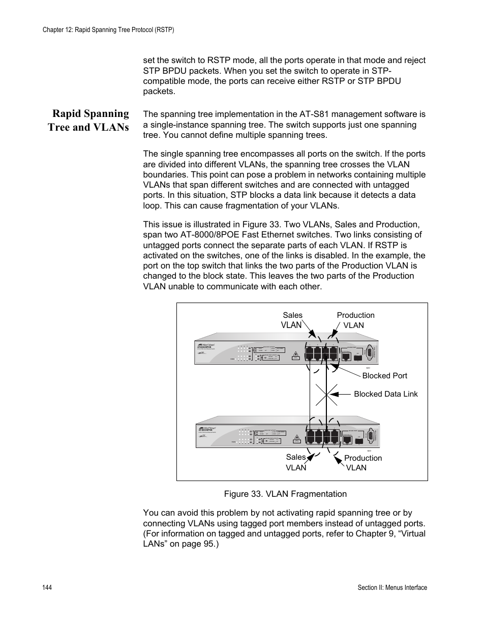 Rapid spanning tree and vlans, Vlan, Sales | Allied Telesis AT-S81 User Manual | Page 144 / 314