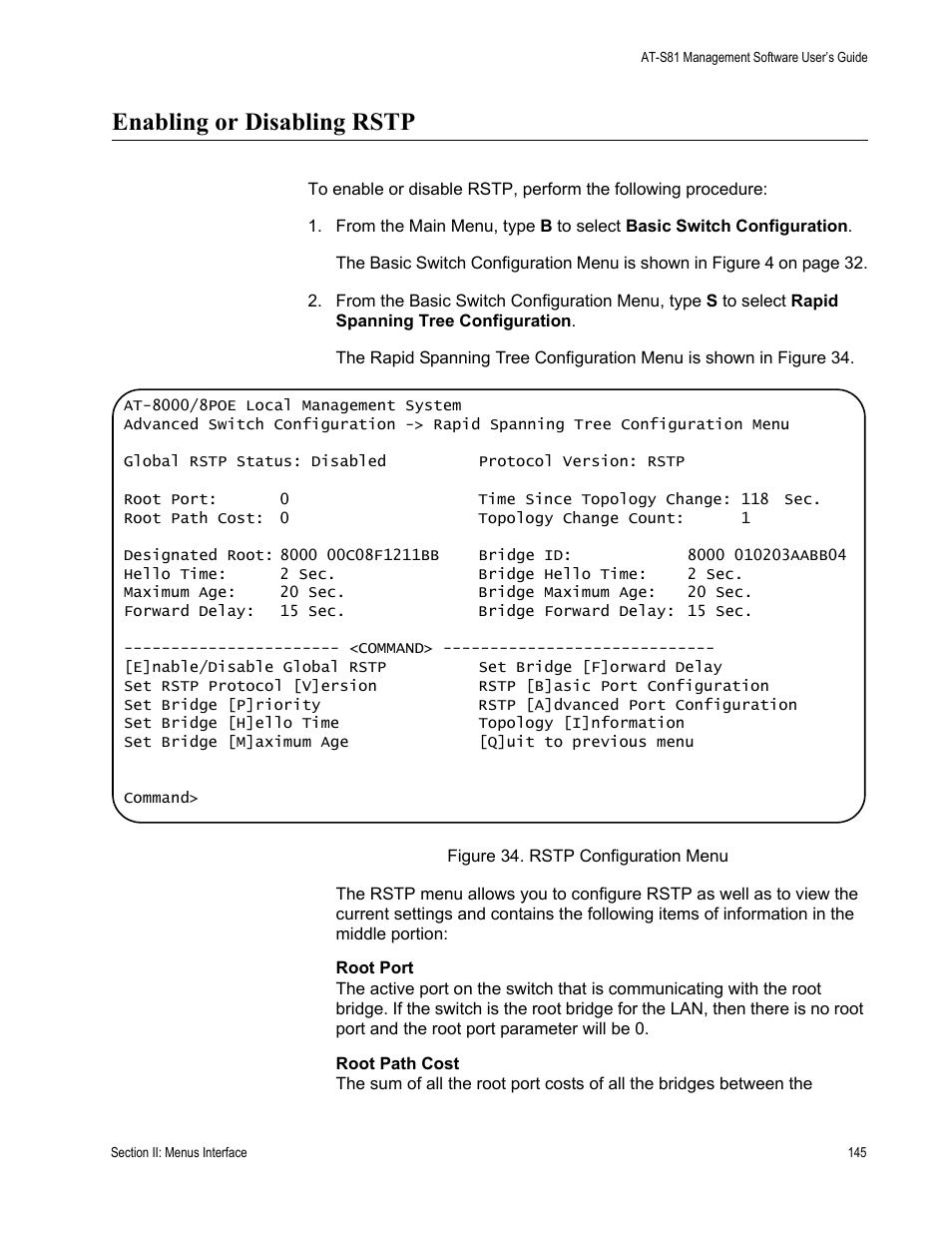 Enabling or disabling rstp | Allied Telesis AT-S81 User Manual | Page 145 / 314
