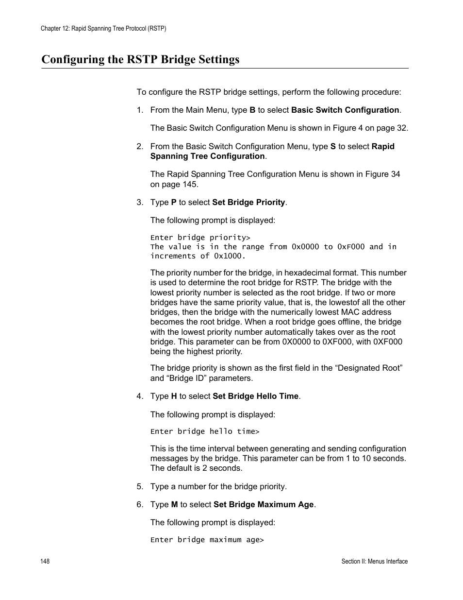 Configuring the rstp bridge settings | Allied Telesis AT-S81 User Manual | Page 148 / 314
