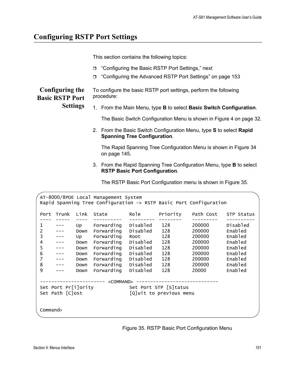 Configuring rstp port settings, Configuring the basic rstp port settings | Allied Telesis AT-S81 User Manual | Page 151 / 314