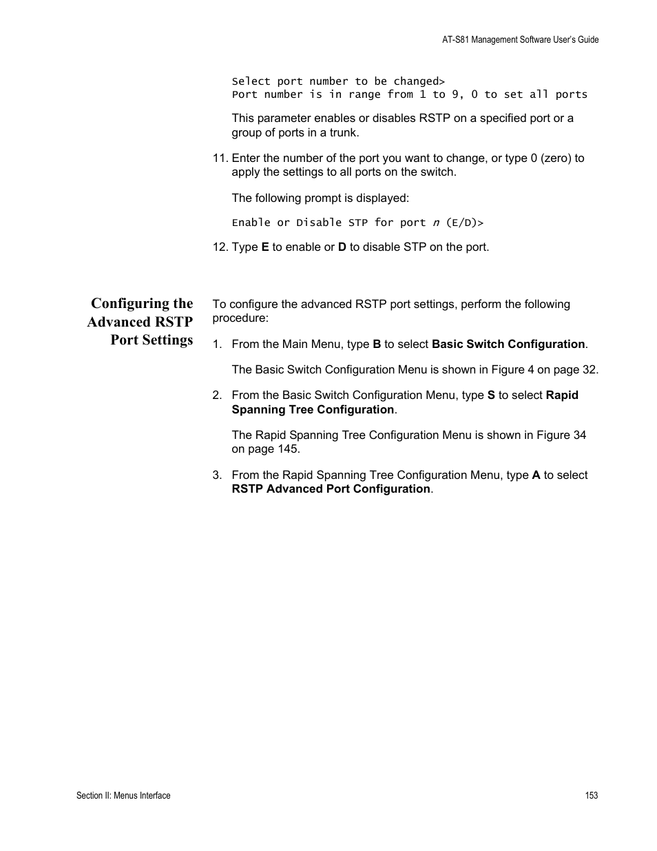 Configuring the advanced rstp port settings | Allied Telesis AT-S81 User Manual | Page 153 / 314